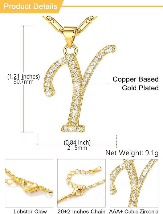 U7 Initial Necklace for Women, Gold/Platinum Plated CZ Crystal Letter A-Z Pendant Necklace, Shiny 20 Inch Name Chain Dainty Personalized Jewelry for Men Mom Wife Friend