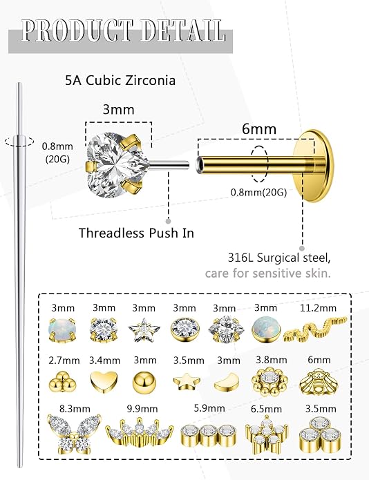 14K Gold Filled 20G 18G 16G Threadless Flat Back Earrings Studs Surgical Stainless Steel Opal CZ Push In Nose Rings Studs Tragus Helix Conch Cartilage Earrings Piercing Jewelry For Women Men