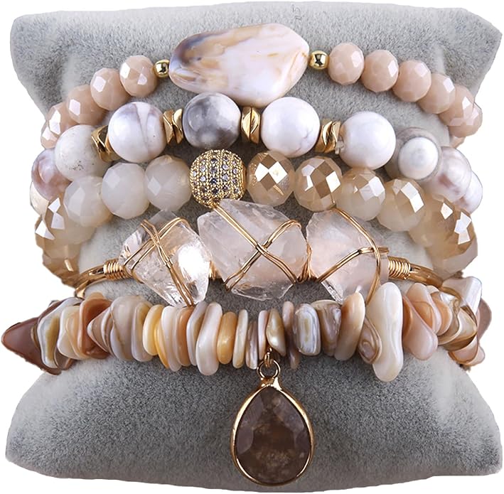 Yomisa 5PCS 6PCS Natural Boho Beaded Bracelets/Bangle for Women Men,Healing Turquoise Jasper Agate Crystal Gemstone Stone Chakra Multilayer Wrap Bohemian Handmade Jewelry Beads Stretch Bracelet Set