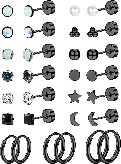 Jstyle Hypoallergenic Flat Back Stud Earrings for Women Men Surgical Stainless Steel Earrings for Sensitive Ears Small Stud Hoop Silver Gold Black Earrings Cartilage Earring Set for Multiple Piercing