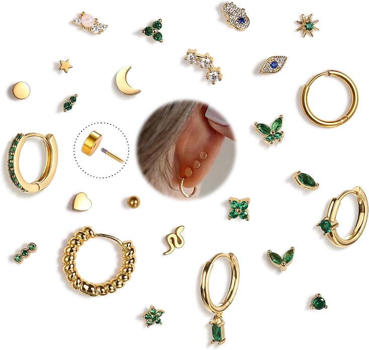 KRFY 25Pcs/17 Pairs Hypoallergenic Surgical Steel Earrings for Sensitive Ears 14K Gold Plated Flat Back Cartilage Earrings for Women Men Screw Back Flatback Stud Hoop Earring Set for Multiple Piercing