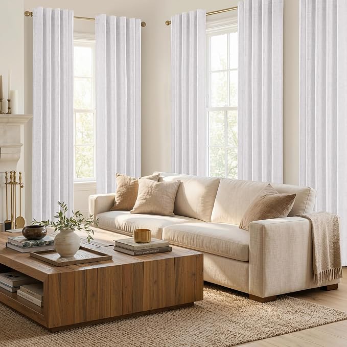 MIULEE Thick Linen White Curtains, 42Wx90L, Semi Sheer Linen Textured | Light Filtering Window Privacy Drapes with Back Tab Rod Pocket for Farmhouse/Living Room/Bedroom, Set of 2