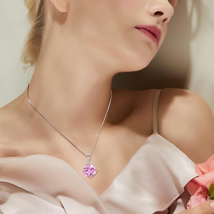 Square Cut Birthstone Necklace for Women Hypoallerg 925 Sterling Silver Cubic Zirconia Necklace Simple Jewelry for Her