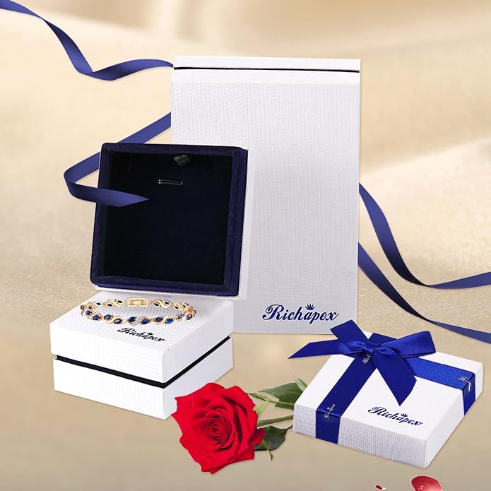 Richapex Diamond Tennis Bracelet for Women, Eternity Bracelet Blue Cubic Zirconia, Sapphire Bracelet, 18K Gold Plated Hypoallergenic Bracelets -7.48inch/190mm
