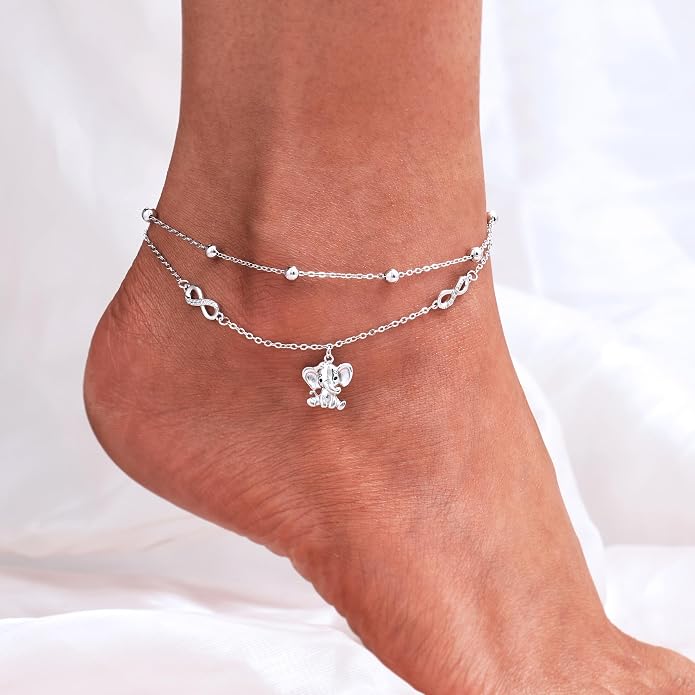CHIC & ARTSY 925 Sterling Silver Ankle Bracelets for Women, Adjustable Layered Foot Chains with Nature & Symbol Charms, Lightweight Comfort Fit Boho Beach Everyday Jewelry