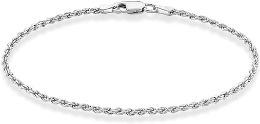 Miabella 925 Sterling Silver Italian 2mm, 3mm Diamond-Cut Braided Rope Chain Anklet Ankle Bracelet for Women, Made in Italy