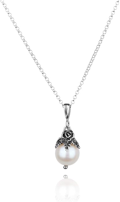 Paz Creations 925 Sterling Silver Pearl Pendant Necklace with Round Ball-Shape White Freshwater Pearl and Handcrafted Floral Cap - Natural Elegant Jewelry