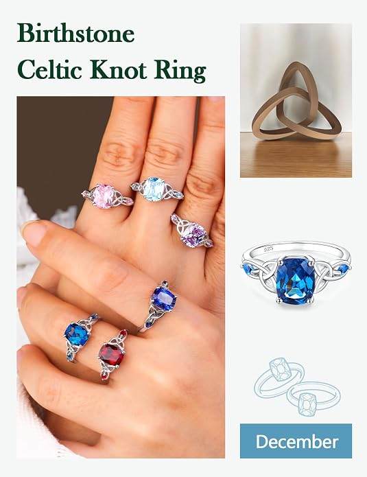 925 Sterling Silver Birthstone Rings for Women Cushion Cut Engagement Celtic Knot Ring Irish Jewelry Created Gemstone Anniversary Rings Size 6-10(with Box)