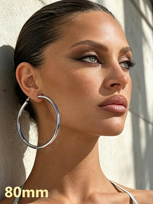 Bestyle 5mm Thick Gold Hoop Earrings Hypoallergenic Hoops for Sensitive Ears Trendy Lightweight Chunky Earrings for Women 30/40/60/80mm