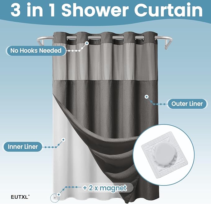 EUTXL Heavyweight Charcoal Grey No Hook Shower Curtain with Snap in Liner,256GSM Waffle Weave Shower Curtains for Bathroom,71W x 74H