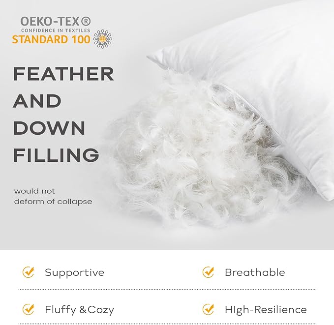SAVORI Set of 2 Down and Feather Throw Pillow Inserts 16x16 Soft Fluffy Pillow Inserts with 100% Down-Proof Cotton Cover, Decorative Square Cushion Inner for Sofa Couch Bed-White