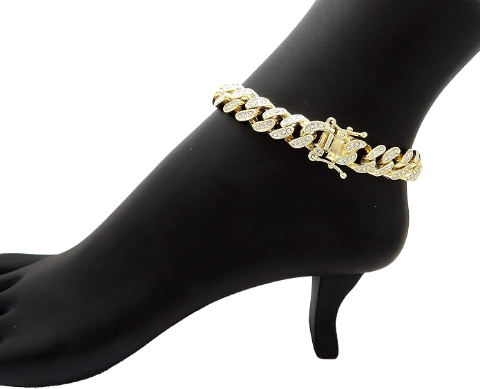 Fashion 21 Women's Stone Filled 10mm, 12mm Various Length Box Lock Cuban Chain Anklet