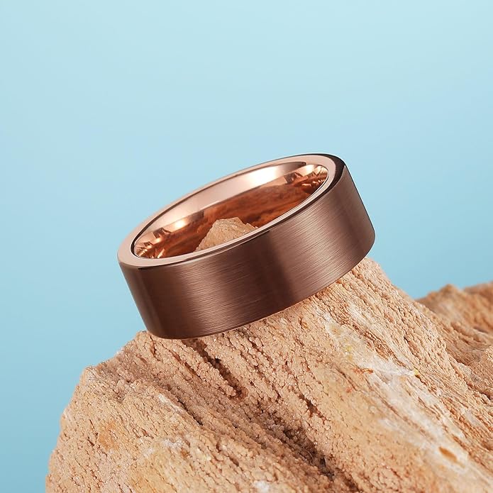 King Will Basic Gold/Rose Gold/Brown Plated Tungsten Wedding Band for Men/Women, 2mm/4mm/6mm/8mm/10mm/12mm Width Band Rings, Pipe Cut Matte Brushed Finish Cigar Band Ring Comfort Fit