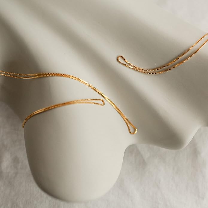 Tewiky Gold Chain Necklace for Women, 14k Gold Plated Thin Beaded Wave Box Necklace Dainty Simple Layered Choker Minimalist Link Chain Necklace Trendy Jewelry for Women