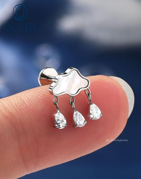 OUFER Body Piercing Titanium Cloud Helix Piercing Jewelry 16G Dangle Helix Earrings for Women Internally Thread Conch Helix Stud Flat Back Cartilage Earring Studs Surgical Steel Cartilage Jewelry