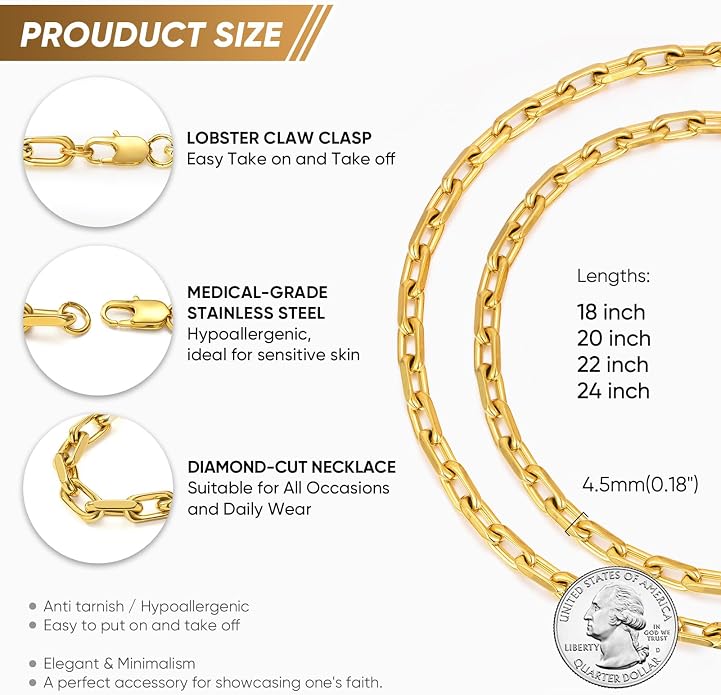 VNOX Paperclip Necklace for Men Women, 4.5/6.5/7mm Solid Diamond-Cut Chunky Stainless Steel Anchor Link Chain Mens Necklaces Jewelry Gifts, 18/20/22/24 Inchs