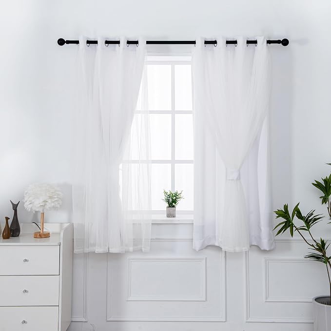INLINAS Greyish White Blackout Curtains with Sheer Overlay - Grommet Top Thermal and Noise Reduction Panels for Bedroom and Living Room Light Blocking and Energy Saving, 52 x 108 Inches, Set of 2