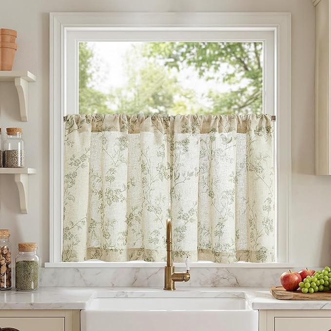 Lazzzy Elisa Floral Kitchen Curtains 24 Inch Linen Cafe Curtains Farmhouse Half Window Drapes Over Sink Light Filtering for Small Windows Rod Pocket Back Tab 2 Panels Green on Beige