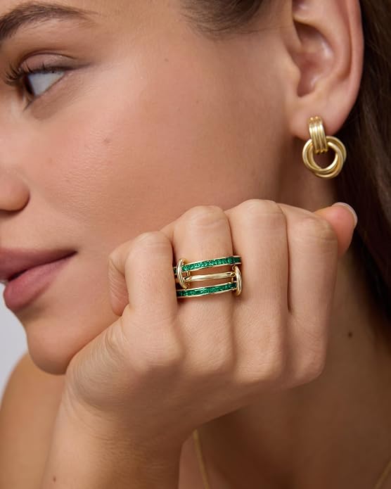 PAVOI 14K Gold Plated Interlocking Ring for Women - Chunky Connected Bands Interlock Stackable Rings for Women - Trendy Cubic Zirconia Two Tone Interlocked Multi-Band Statement Jewelry
