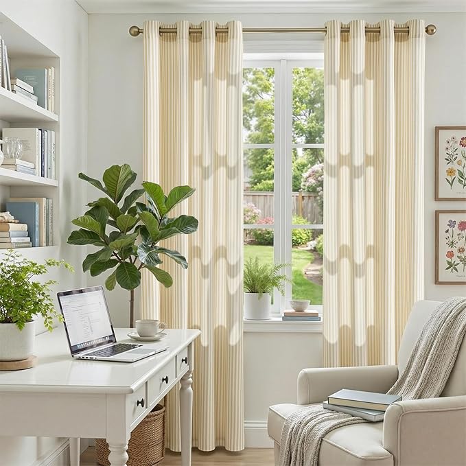 jinchan Linen Curtains 96 inch Yellow Stripe on White Grommet 2 Panels | Curtains for Living Room Bedroom,Ticking Vertical Stripe Pattern,Modern Farmhouse Drapes, Window Treatment,Light Filtering