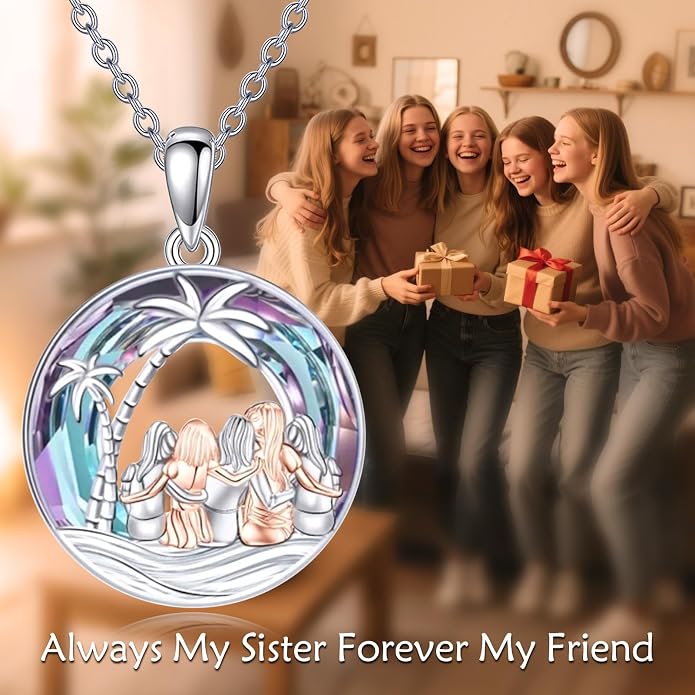 Sisters Necklace Sterling Silver Always My Sister Forever My Friend Jewelry Tree of Life Palm Trees Necklace for Women Female Friendship Jewelry