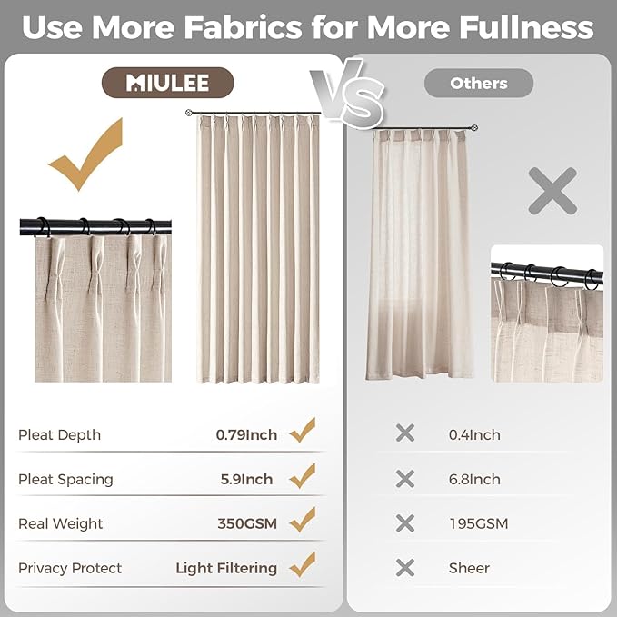MIULEE Pinch Pleated Thick Linen Curtains 96 Inches Long 2 Panels for Living Room Bedroom, Memory Trained Pleat Drapes Light Filtering Cream Ivory Semi Sheer Window Curtains Hooks Rings Back Tab
