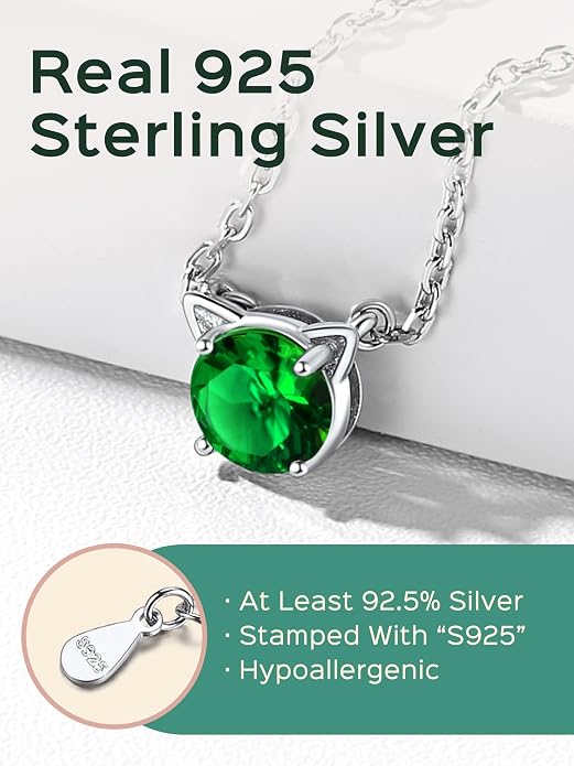 ChicSilver Bow and Cat Birthstone Necklace, 925 Sterling Silver Pendant Necklaces for Women, Hypoallergenic Silver Choker with 16 inch Rolo Chain, 12 Months Jewelry for Valentines Mothers Day Christmas