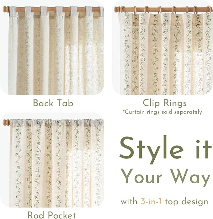 Lazzzy Cathy Linen Floral Curtains for Living Room Privacy Curtains Set of 2 for Bedroom Rod Pocket Back Tab Light Filtering Drapes 8 FT Farmhouse Cottagecore Decor 50"x96" Sage Green on Linen