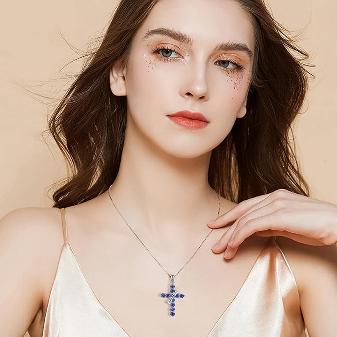 Rotated Crown Cross Necklaces for Women, 925 Sterling Silver Round Cut Zircon Neckalce Pendant With Ring Birthstones Jewelry for Her