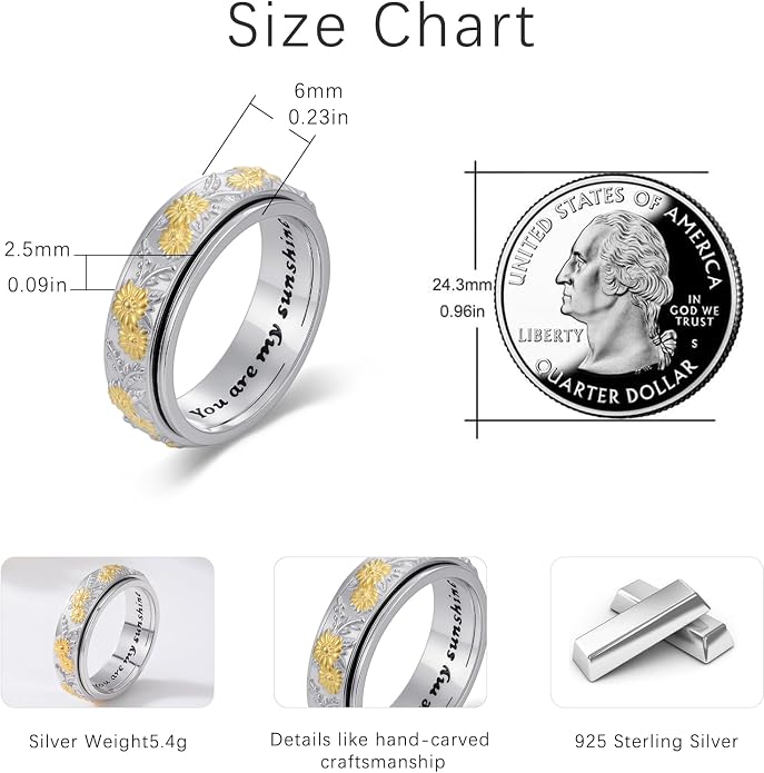 PARAFO Anxiety Fidget Rings Men Women 925 Sterling Silver Fidget Rings Relieve Stress Gift Jewelry Gifts for Men Women