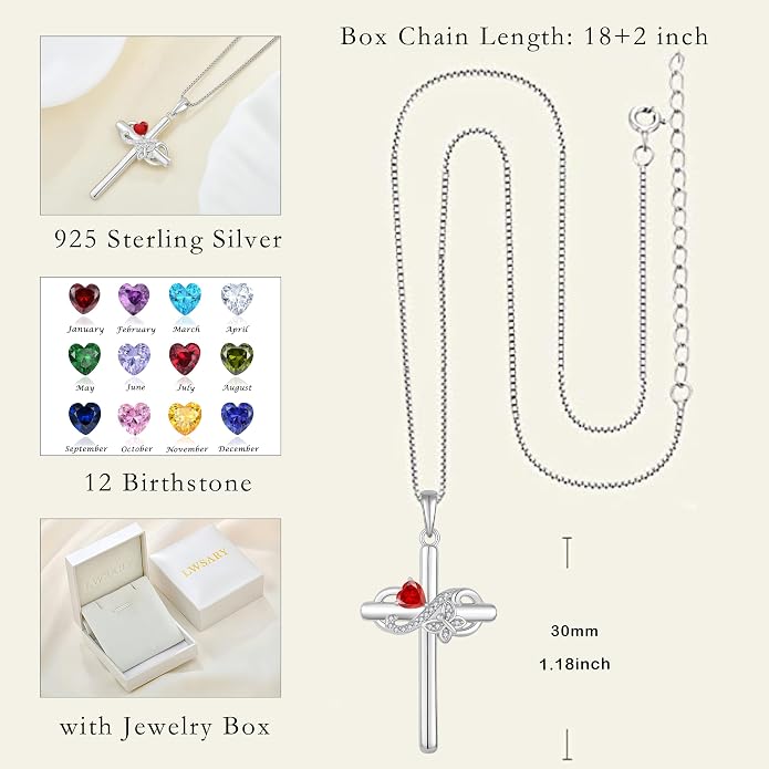 Infinity Butterfly Cross Necklace for Women 925 Sterling Silver Christian Religious Crucifix Pendant Birthstone Jewelry Gifts for Her