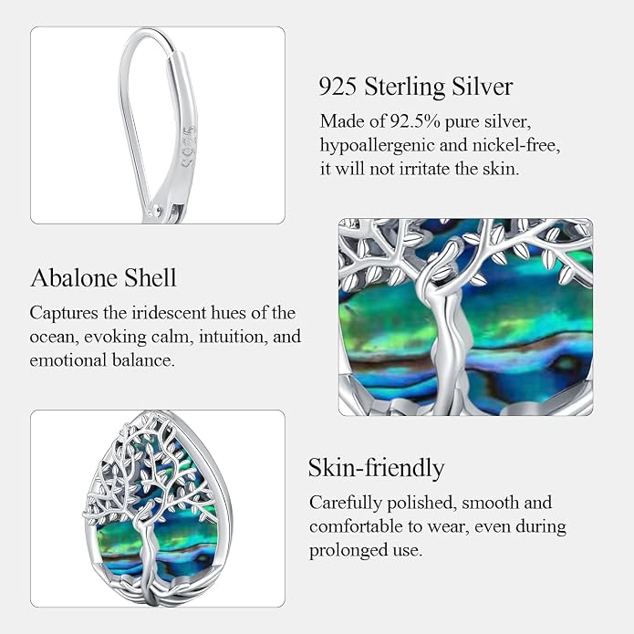 Odinstone 925 Sterling Silver Earrings Tree of Life Teardrop Moonstone Dangle Drop Leverback Earrings for Women
