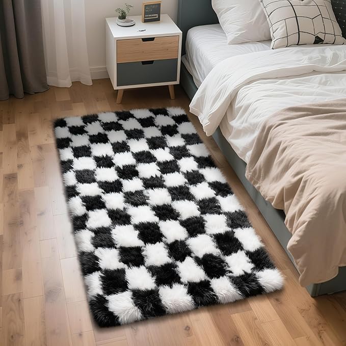 Checkered Rug for Bedroom, 3x5 Black and White Area Rugs, Classic Checkered Carpets Shag Area Rug, Bedside Rugs for Living Room Bedroom Room Home Decor