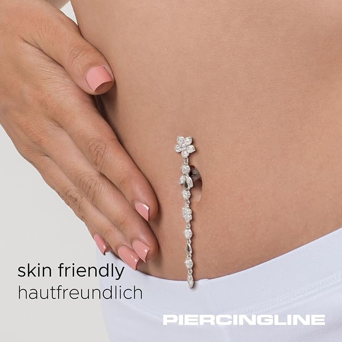 PIERCINGLINE surgical steel dangle belly button piercing with flower tendril - belly button ring surgical steel, gold, silver, rosegold piercing - new version with improved durability