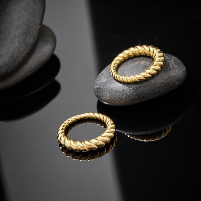 Non Tarnish Gold Chunky Rings for Women, 14K Gold Plated Statement Dome Rings Stacking Silver, Adjustable Mens Eternity Wedding Band Mixed Metal Jewelry Size 3-13