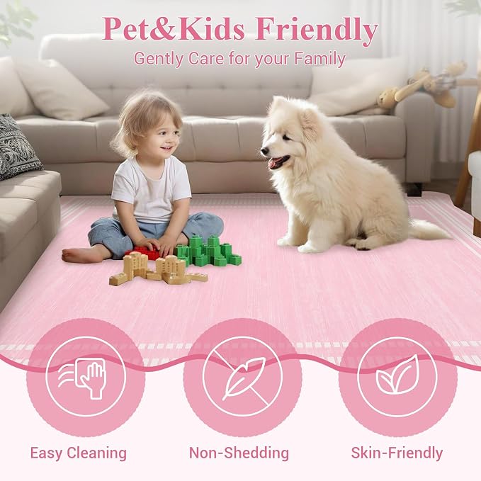 Garvee Washable Scalloped 5x7 Rug Living Room Rugs Non-Slip Washable Solid Neutral Carpet, Modern Scalloped Rug Indoor Faux Wool Floor Mats for Bedroom Playroom Dining Room Home Office, Pink | Rugs for Living Room, Non-Slip Soft Carpet for Bedroom, Sca...