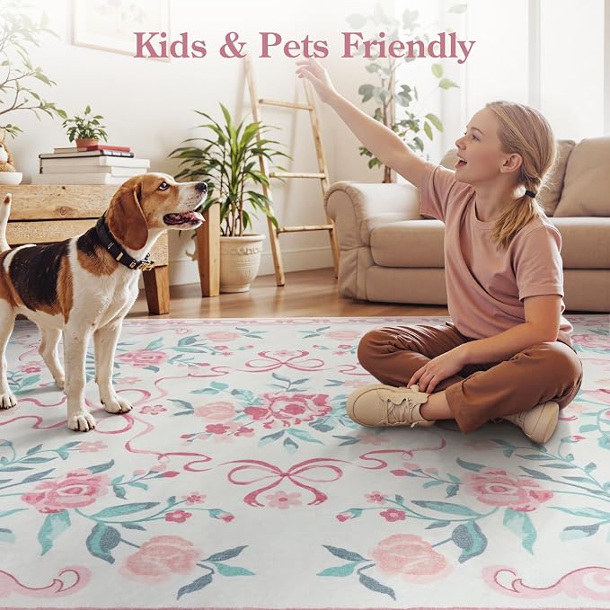 Collive Pink 8X10 Rugs for Living Room, 8x10 Bow and Floral Washable Area Rug Non Slip, Soft Boho Indoor Decor Elegant Carpet for Bedroom Kids Room Nursery Dining Room
