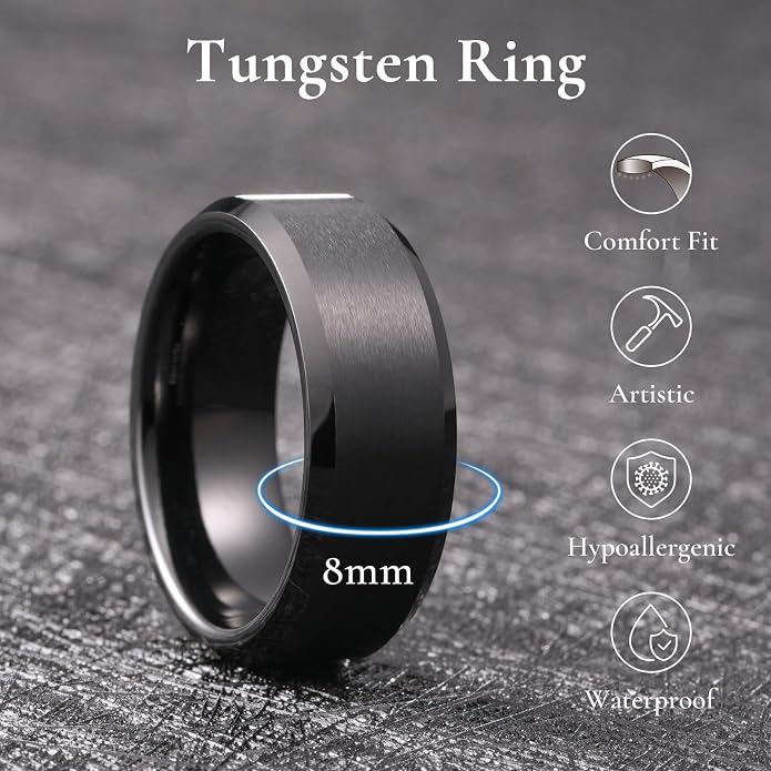 King Will Tungsten Men's Wedding Ring - Available in 6mm to 10mm, Black/Silver, Matte Finish, Beveled Polished Edge, Comfort Fit