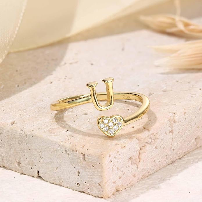 MILACOLATO 925 Sterling Silver Initial Rings for Women Teen Girl 18K Gold Plated Heart Initial Rings Adjustable Capital Letter Ring Stackable Thumb Pinky Rings for Daughter Birthday Bridesmaid Gifts Jewelry, A to Z
