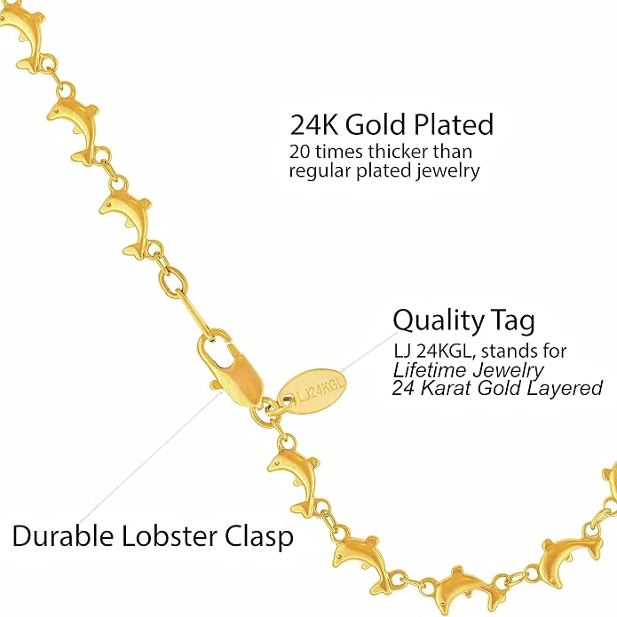 LIFETIME JEWELRY Womens Gold Anklet Dolphin Chain Ankle Bracelet 24k Real Gold Plated