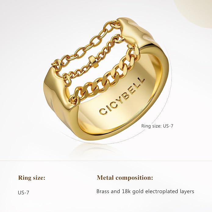 Cicy Bell Gold Rings for Women 18K Gold Plated Non Tarnish Chunky Wide Ring Chain Link Jewelry Gifts for Lovers and Mom Size 7