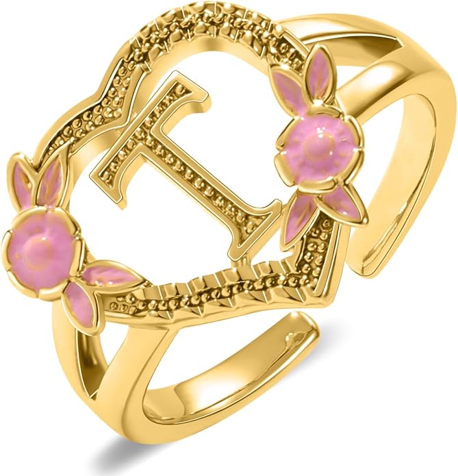 Gold Initial Rings for Women - Non Tarnish Dainty 14K Gold Plated Heart Adjustable Letter Rings for Women, Stackable Cute Thumb Pinky Fashion Open Simple Birthday Gifts Jewelry