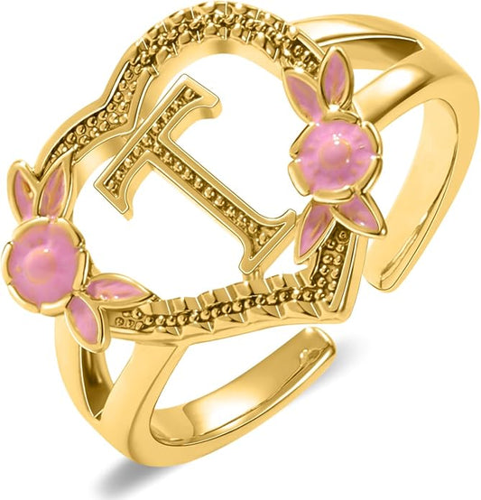 Gold Initial Rings for Women - Non Tarnish Dainty 14K Gold Plated Heart Adjustable Letter Rings for Women, Stackable Cute Thumb Pinky Fashion Open Simple Birthday Gifts Jewelry