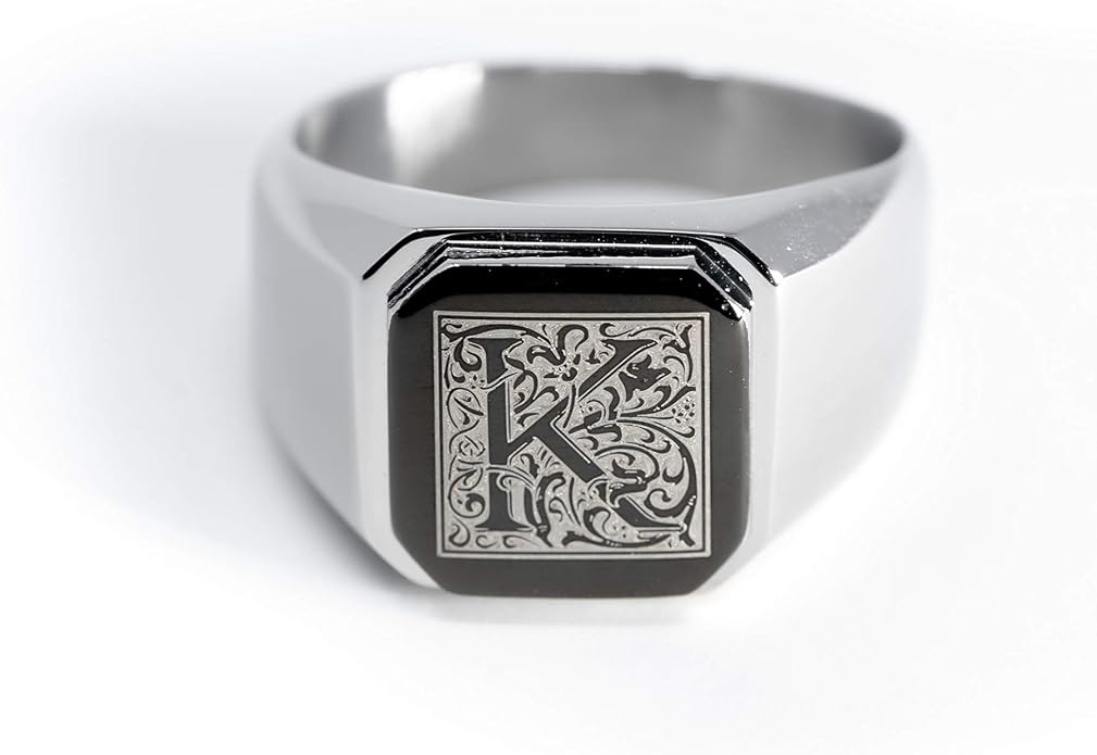 Jewelry | Stainless Steel Letter Alphabet Initial Ring | Square Flat Top Ring for Men & Women | Stainless Steel Jewelry, (Black, Gold, Silver), Size 7-16