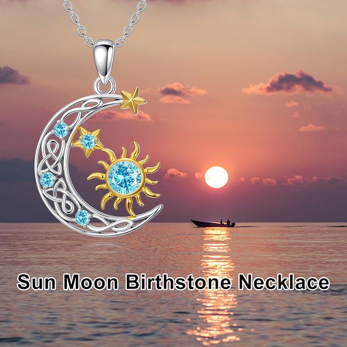 PELOVNY Sun and Moon Necklace for Women 925 Sterling Silver Sun Moon Star Birthstone Pendant Necklaces Birthday Christmas Jewelry Gifts for Mom Daughter Wife Sister