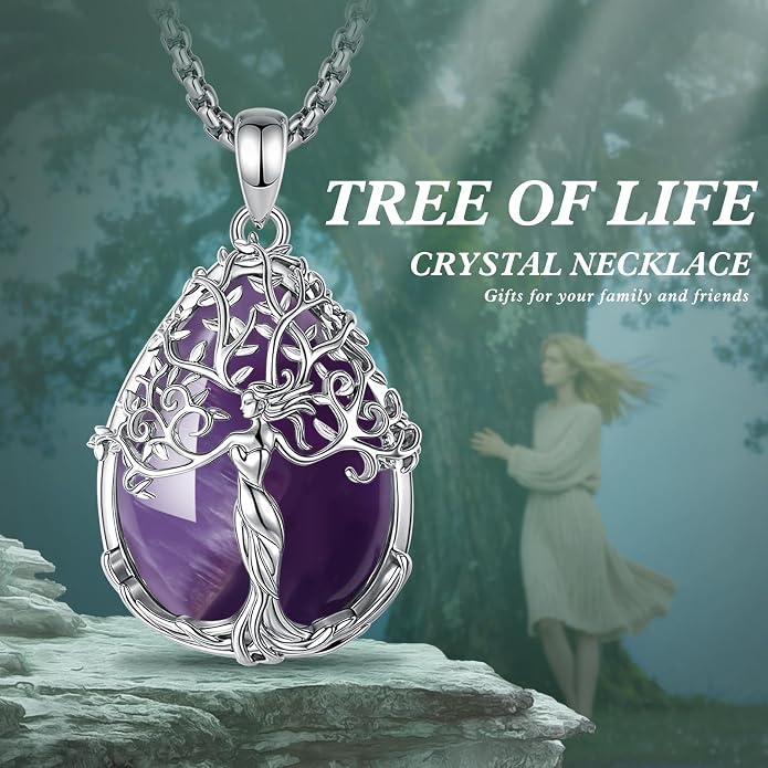 AEONSLOVE Tree of Life Necklace with Crystal for Women, Amethyst/Obsidian/Turquoise/Moonstone/Malachite Crystal Pendant Necklaces for Ladies