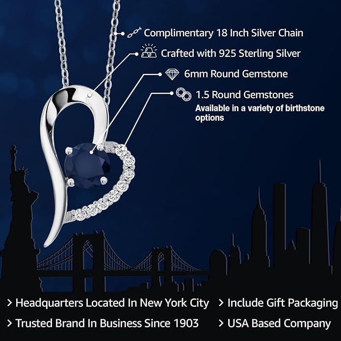 Gem Stone King Heart Shape Pendant Necklace For Women | 925 Sterling Silver | 6MM Round Gemstone Birthstone | Heart Necklace For Women | With 18 Inch Silver Chain