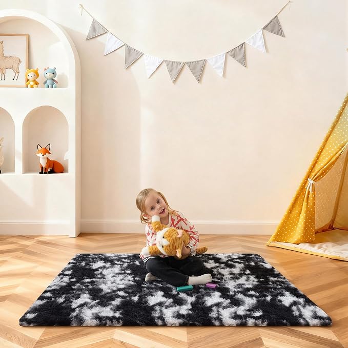 Black and White Rugs for Bedroom, 3x5 Fluffy Area Rugs for Living Room, Small Fuzzy Shag Soft Non-Slip Carpet for Kids Girls and Boys Nursery Dorm Indoor Room Home Decor (3ft X 5ft)
