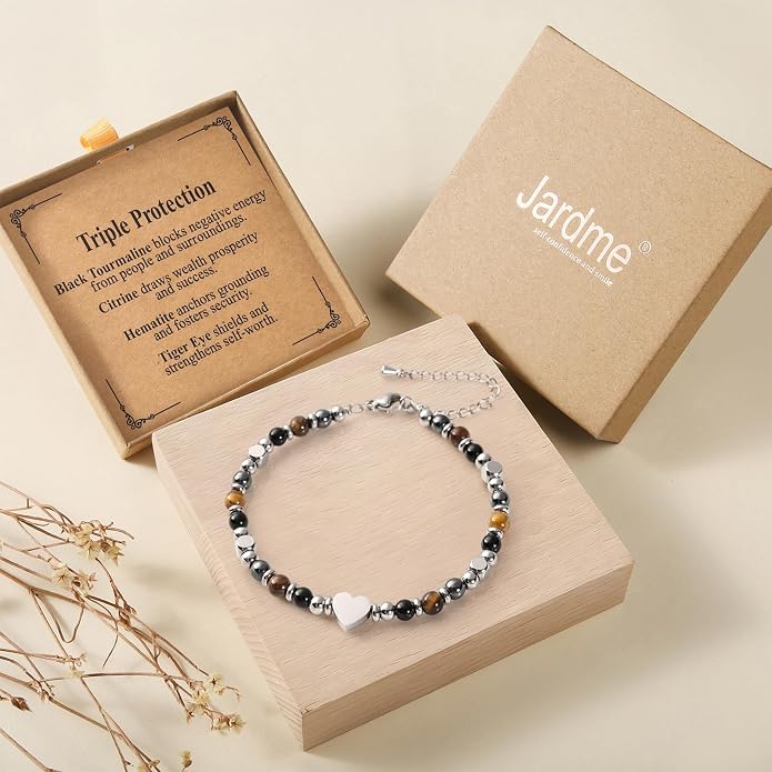 Jardme Natural Healing Crystals Bracelets for Women, Anxiety Relief Triple Protection Good Luck, Kalm Bracelet, Inspirational Spiritual Jewelry Gift for Friends Daughter Mom 6.5+2 Inches