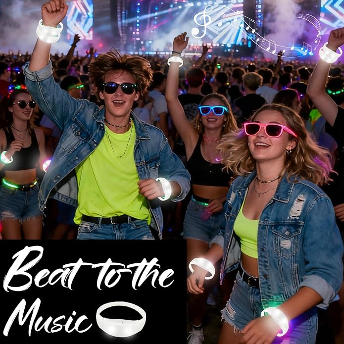 100 Pcs Sound Activated LED Glow Bracelets Light Up Bracelets for Adults Glow in the Dark Neon Birthday Party Favors